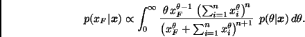 \begin{displaymath}
p(x_F \vert \bmath{x}) \propto \int_{0}^{\infty}
\frac{ \the...
...right)^{\! n+1} } \; \,
p(\theta \vert \bmath{x}) \, d \theta.
\end{displaymath}